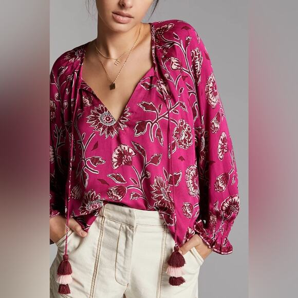 Anthropologie Omika Salena Peasant Blouse Pink Floral V-Neck Flowy Blouse Small - Picture 2 of 9